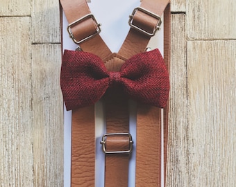 Brown Suspenders with Wine Burlap Bow Tie for Groomsmen Gift Leather Suspender and Bowtie Set Outfits Suspenders for Men Suspenders for Boys