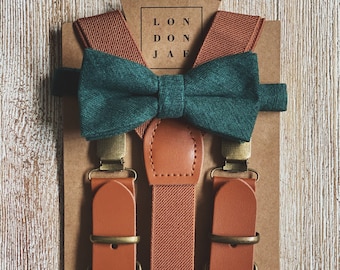 Cognac Suspenders for Men - Dark Green Cotton Bow Tie -Set or Bow Tie Only - Neck Tie - Ring Bearer - Groomsmen Rustic Wedding Outfits