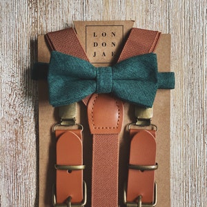 Cognac Suspenders for Men - Dark Green Cotton Bow Tie -Set or Bow Tie Only - Neck Tie - Ring Bearer - Groomsmen Rustic Wedding Outfits