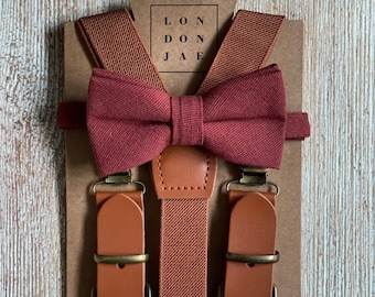 Cognac Suspenders - Terracotta Bow Tie and Neck Tie  - Bow Tie Set - Ring Bearer Outfit - Groomsmen Suspenders - Rustic Wedding