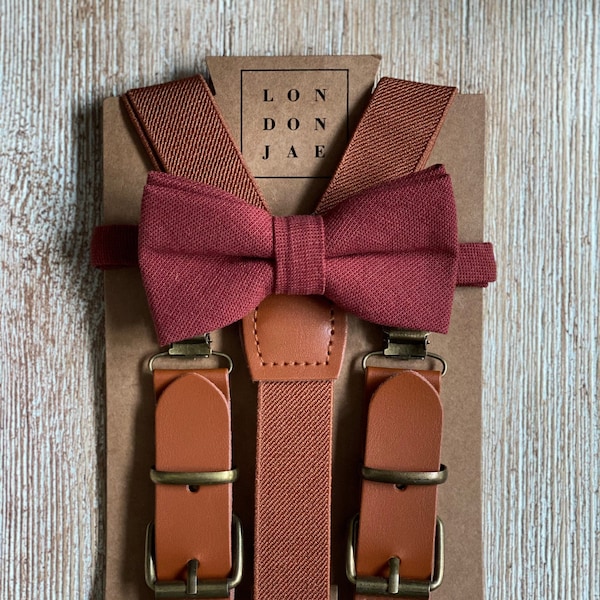 Cognac Suspenders - Terracotta Bow Tie and Neck Tie  - Bow Tie Set - Ring Bearer Outfit - Groomsmen Suspenders - Rustic Wedding