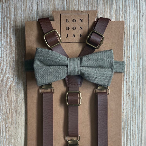 Weathered Brown Suspenders - Sage Olive Bow tie - Build Your Own Set -  Groomsmen Suspenders Boys Suspenders Ring Bearer Rustic Wedding