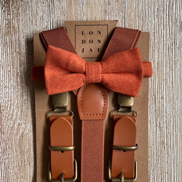Burnt Orange Bow Tie and Cognac Brown Suspenders Set - Wedding, Groom, Groomsmen, Ring Bearer-Suspender Bow Tie Elastic suspenders big  tall