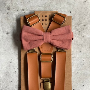 Sedona - Desert Coral Bow Tie - Brown Suspenders - Bow Tie Neck Tie Set - Groomsmen Wedding Suspenders for Ring Bearer Rustic Wedding Outfit