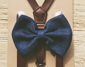 Navy Blue Burlap Bow tie/Coffee Brown Suspender set Ring Bearer Outfit Little Boy Suspenders Rustic Wedding Groomsmen outfit Baby Braces