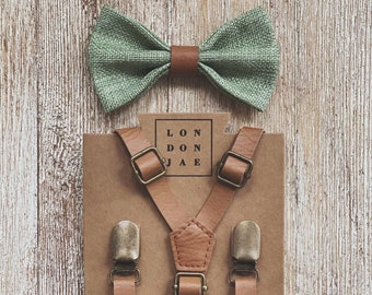 Sage Green Bow Tie with Vintage Tan Faux Leather Suspenders for Rustic Weddings - Designed for big and tall Groomsmen & Ring Bearer Outfits