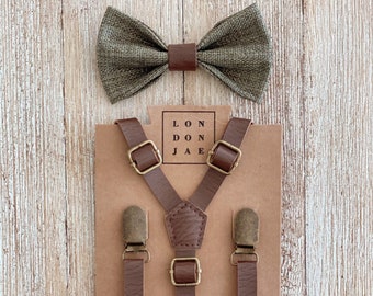 Olive Sage Bow Tie - Brown Leather Like Groomsmen Suspenders - Olive Bow Tie Set - Ring Bearer Outfit - Groomsmen Rustic Wedding