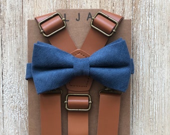 Caramel Brown Suspenders and Steel Blue Bow Tie Set - Wedding Groomsmen attire, Outdoor Wedding, Ring bearer Outfit