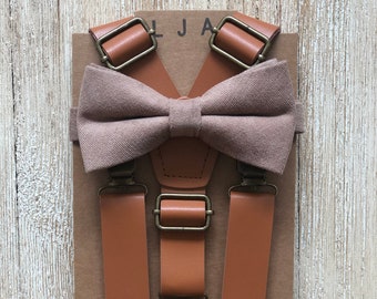 toddler Ring Bearer, Rustic Wedding Groomsmen, beach wedding Baby Braces Marine Blue Bow tieWeathered Coffee Brown Suspender set
