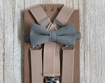 Sage Linen Bow Tie - Khaki Beige Suspenders and Bow Tie Set - Sage Neck Ties Rustic Barn Boho Wedding Groomsmen Ring Bearer