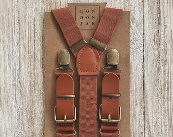 Cognac Brown Suspenders, Suspenders for Wedding Groom Groomsmen Ring Bearers Elastic Suspenders Faux Leather brass buckle for Rustic Wedding