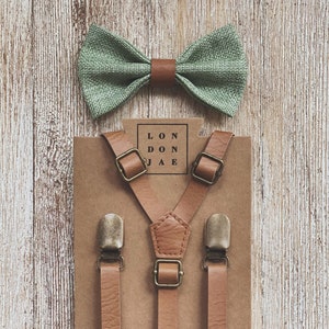 Sage Green Bow Tie with Vintage Tan Faux Leather Suspenders for Rustic Weddings Designed for big and tall Groomsmen & Ring Bearer Outfits 1/2" SET