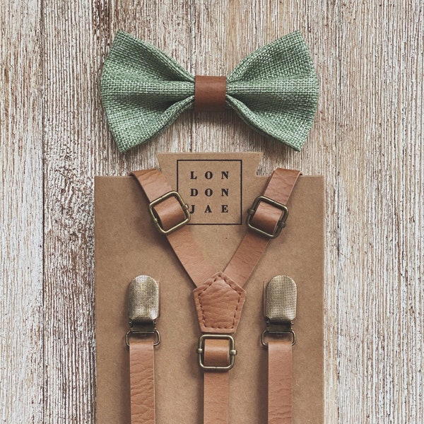 Sage Green Bow Tie with Vintage Tan Faux Leather Suspenders for Rustic Weddings - Designed for big and tall Groomsmen & Ring Bearer Outfits