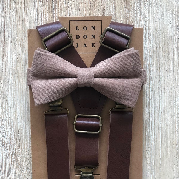 Taupe Cotton Bow Tie with 1” Coffee Brown Suspenders designed for rustic wedding groomsmen clothes Rustic Wedding mens outfits
