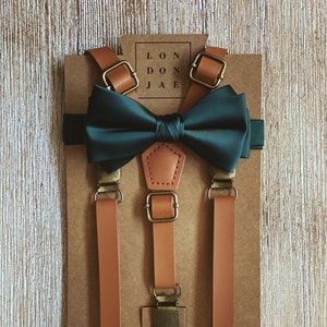 Emerald Green Bow Tie w/ Faux Leather Suspenders 1" or 1/2" made for Wedding Groom Groomsmen (Fits Big & Tall 6'8+) Ring Bearer Baby Braces