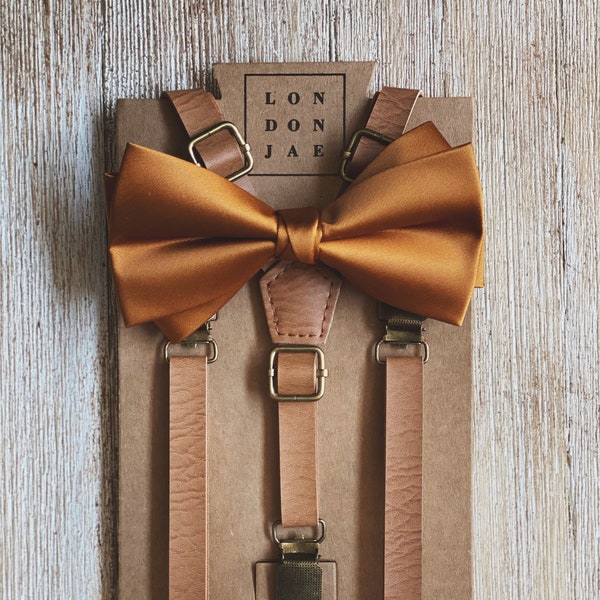 Brown Skinny Suspenders & Rust Bronze Bow Tie Set -  Backyard Wedding Groomsmen attire, Ring bearer, Summer Wedding