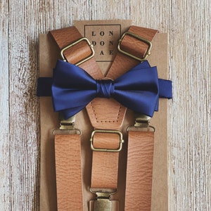Navy Blue satin bow tie - Vintage Brown Suspender - Bow Tie Set  (toddler Ring Bearer, Rustic Wedding Groomsmen, beach wedding)