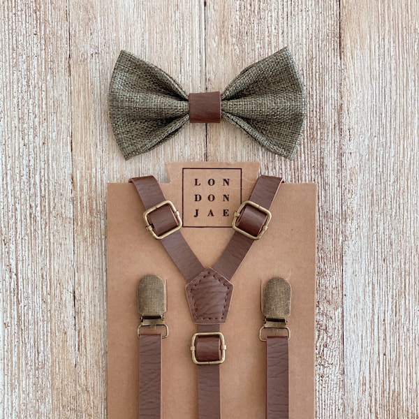 Olive Sage Bow Tie - Brown Leather Like Groomsmen Suspenders - Olive Bow Tie Set - Ring Bearer Outfit - Groomsmen Rustic Wedding