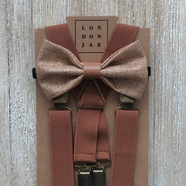 Groomsmen suspenders and bow tie set - Honey Brown Burlap with Vintage Tan Middle/ Cognac elastic suspenders