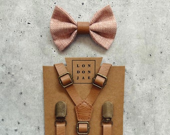 Blush Pink Bow Tie - Brown Leather Like Groomsmen Suspenders - Dusty Rose Bow Tie Set - Ring Bearer Outfit - Groomsmen Rustic Wedding