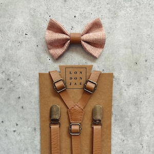 Blush Pink Bow Tie - Brown Leather Like Groomsmen Suspenders - Dusty Rose Bow Tie Set - Ring Bearer Outfit - Groomsmen Rustic Wedding