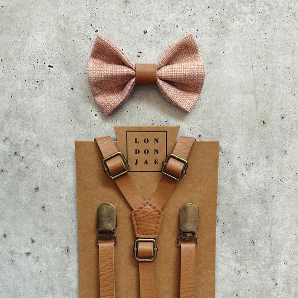 Blush Pink Bow Tie - Brown Leather Like Groomsmen Suspenders - Dusty Rose Bow Tie Set - Ring Bearer Outfit - Groomsmen Rustic Wedding