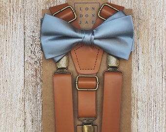 Dusty Blue Bow Tie with Brown Suspenders faux leather suspenders for weddings Groomsmen suspender Ring bearer Outfits Rustic wedding bow tie