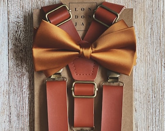 Rust Wedding Bow Tie with Brown Suspenders- Groomsmen Bow Tie Set - Ring Bearer, Rustic Wedding Groomsmen, beach wedding, Baby Braces