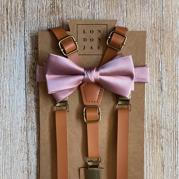 Dusty Mauve Satin Groomsmen outfits Blush Beige pink Bow tie- Bow Tie Set - Groomsmen Suspenders Wedding  Ring Bearer Outfit