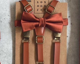 Bronze Rust Orange Bow Tie w/ Faux Leather Suspender Set (Neck Tie Set Avail.) Wedding Groom Groomsmen Ring bearer outfit (Big & Tall 6'8+)