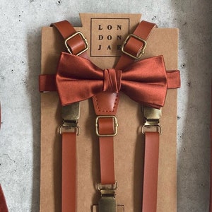 Bronze Rust Orange Bow Tie w/ Faux Leather Suspender Set Neck Tie Set Avail. Wedding Groom Groomsmen Ring bearer outfit Big & Tall 6'8 image 1