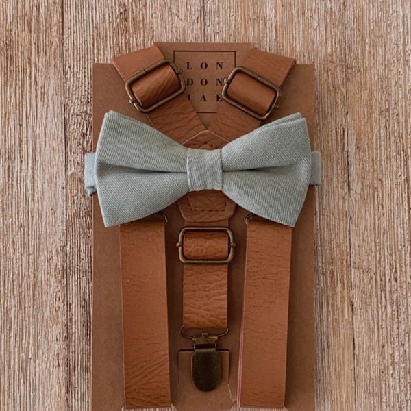Light Brown Suspenders - Dusty Sage Bow Tie Set - Build Your Own Combo - Outside backyard wedding Groomsmen attire, Ring bearer