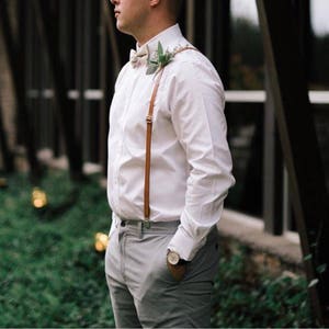 Brown Suspenders with Blush Pink Bow Tie for Groomsmen Gifts Leather Suspender and Bowtie Set Outfits Suspenders for Men Suspenders for Boys image 5