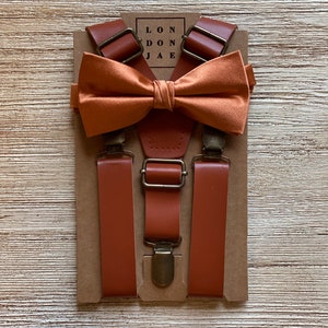 Sunset Burnt Orange Silk Satin Bow Tie with Faux Leather Suspender (Cognac Brown) Groom, Groomsmen, and Ring Bearer Big and tall (Fits 6&#39;8+)