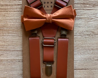 Sunset Burnt Orange Silk Satin Bow Tie with Faux Leather Suspender (Cognac Brown) Groom, Groomsmen, and Ring Bearer Big and tall (Fits 6'8+)