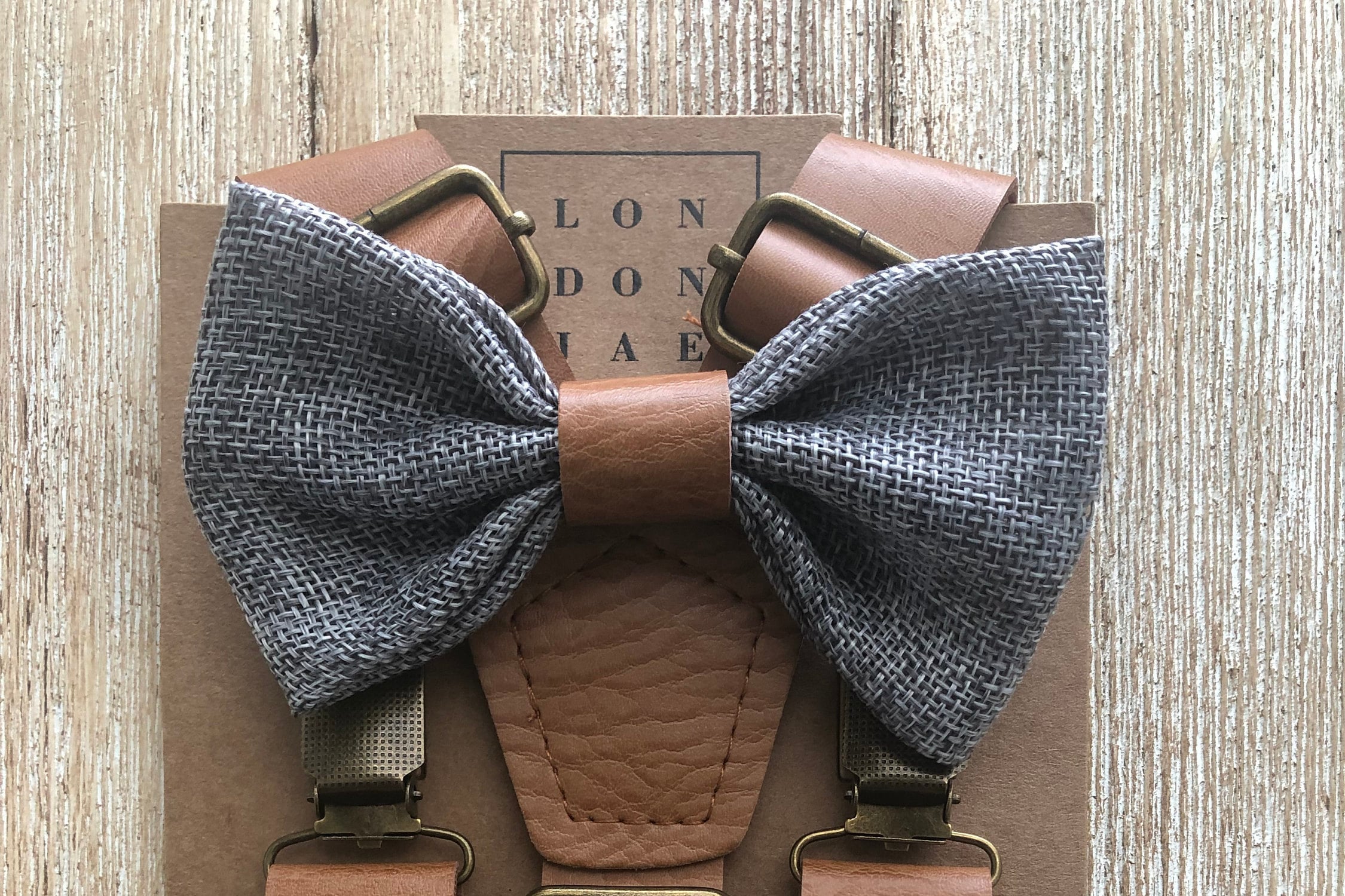 Vintage tan suspenders & Grey vintage wedding bow tie