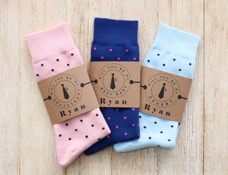 Personalized Groomsmen sock label for Groomsmen Proposal, Custom Sock Label, Groom Sock label, Wedding Sock label Polka dots, Argyle image 1