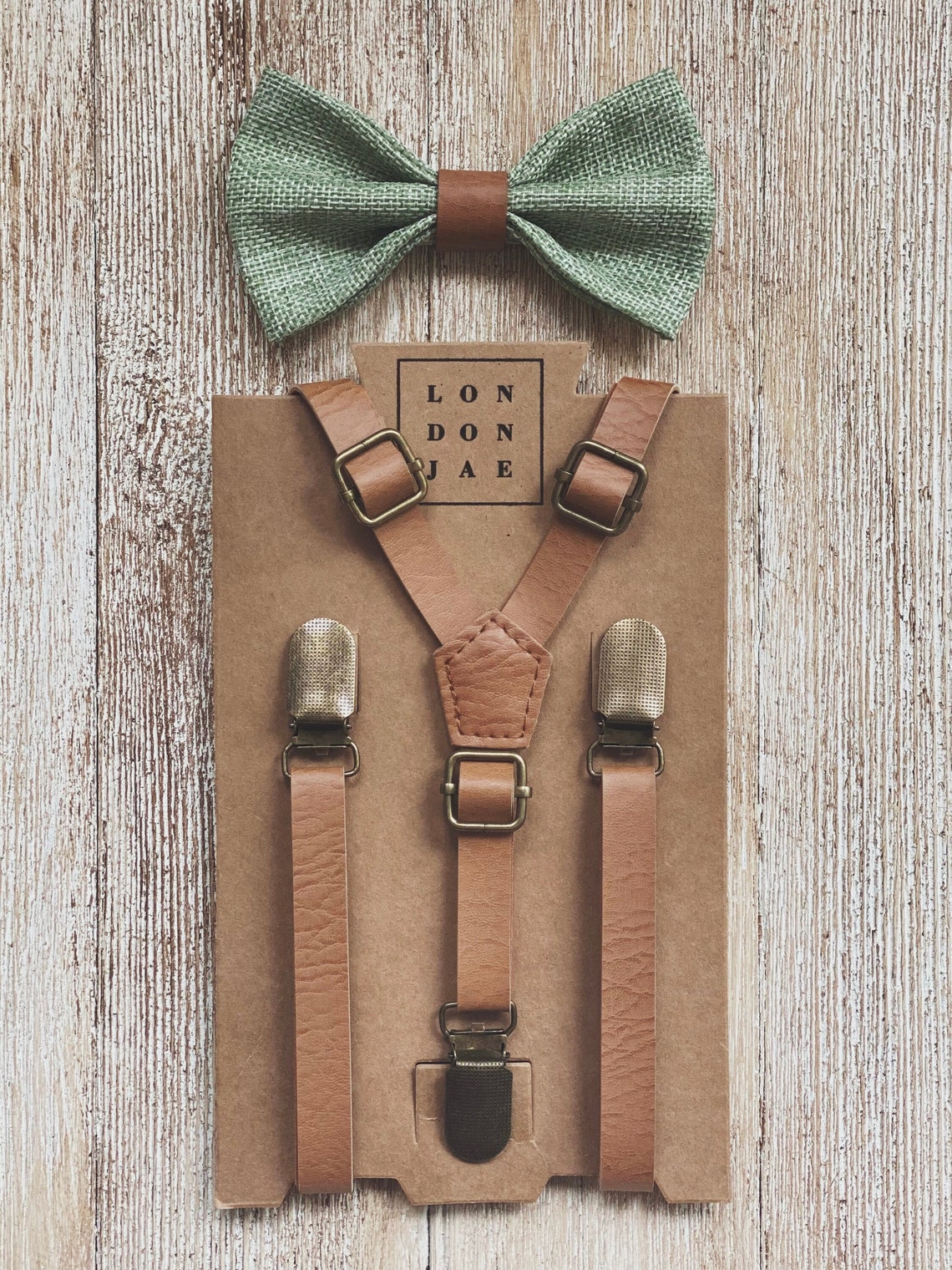 Brown Suspenders Sage Green Bow Tie with Brown Leather 1/2" SET