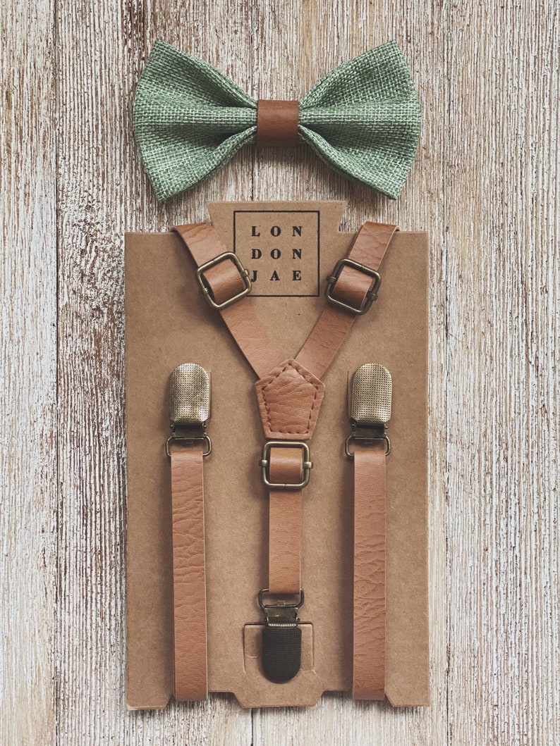 Sage Green Bow Tie with Vintage Tan Faux Leather Suspenders for Rustic Weddings Designed for big and tall Groomsmen & Ring Bearer Outfits 1/2" SET