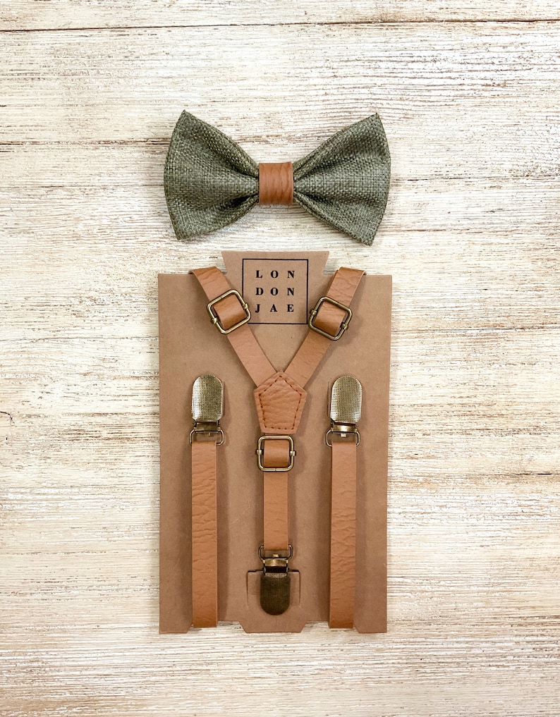 Olive Green Burlap Bow Tie w/ Light Tan Faux Leather Brown Suspenders Wedding RingBearer Outfit Groomsmen Big Tall 3567 fit up to 68 image 1