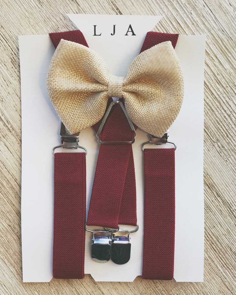 Wine and Beige Rustic Barnyard Wedding Suspenders Rustic Burlap Bow Tie Ring Bearer Outfit for Boys Suspenders