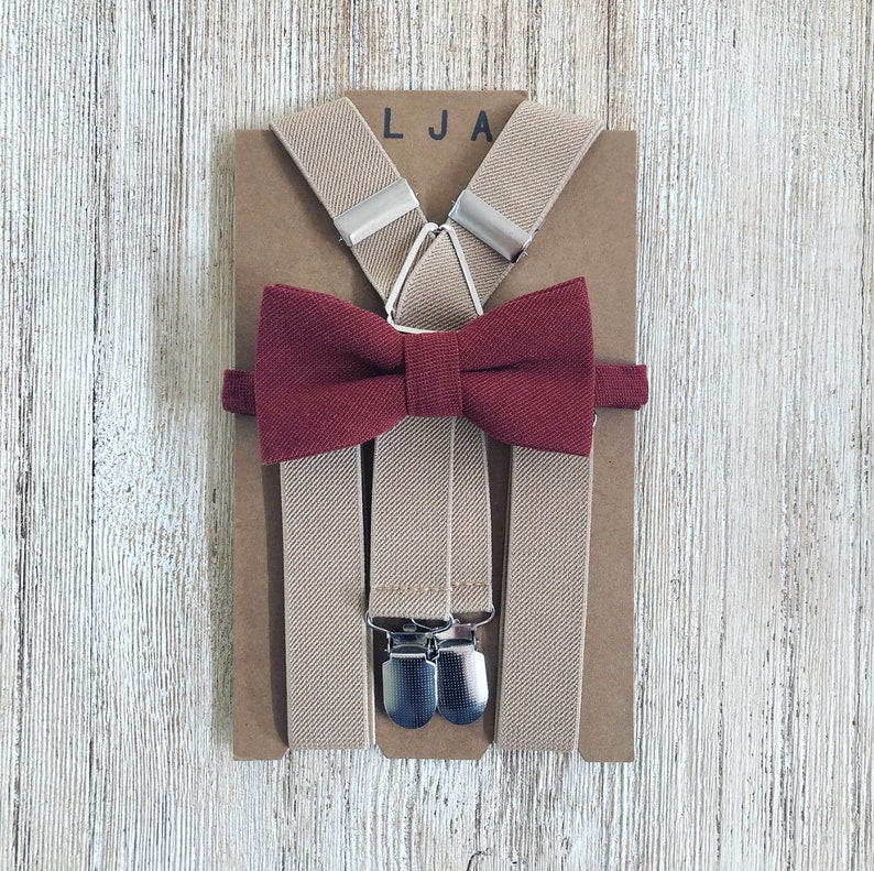 Garnet Bow Tie and Khaki Beige Suspenders Rustic Barn Boho Wedding Groomsmen Ring Bearer