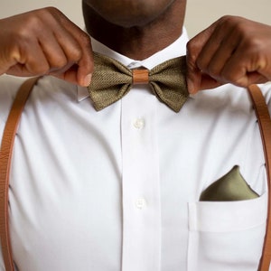 Olive Green Burlap Bow Tie w/ Light Tan Faux Leather Brown Suspenders Wedding RingBearer Outfit Groomsmen Big Tall 3567 fit up to 68 image 2