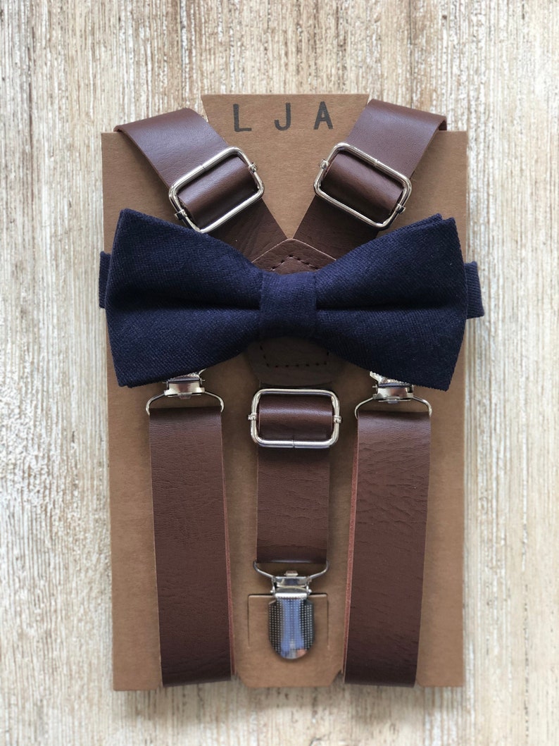 toddler Ring Bearer, Rustic Wedding Groomsmen, beach wedding Baby Braces Marine Blue Bow tieWeathered Coffee Brown Suspender set