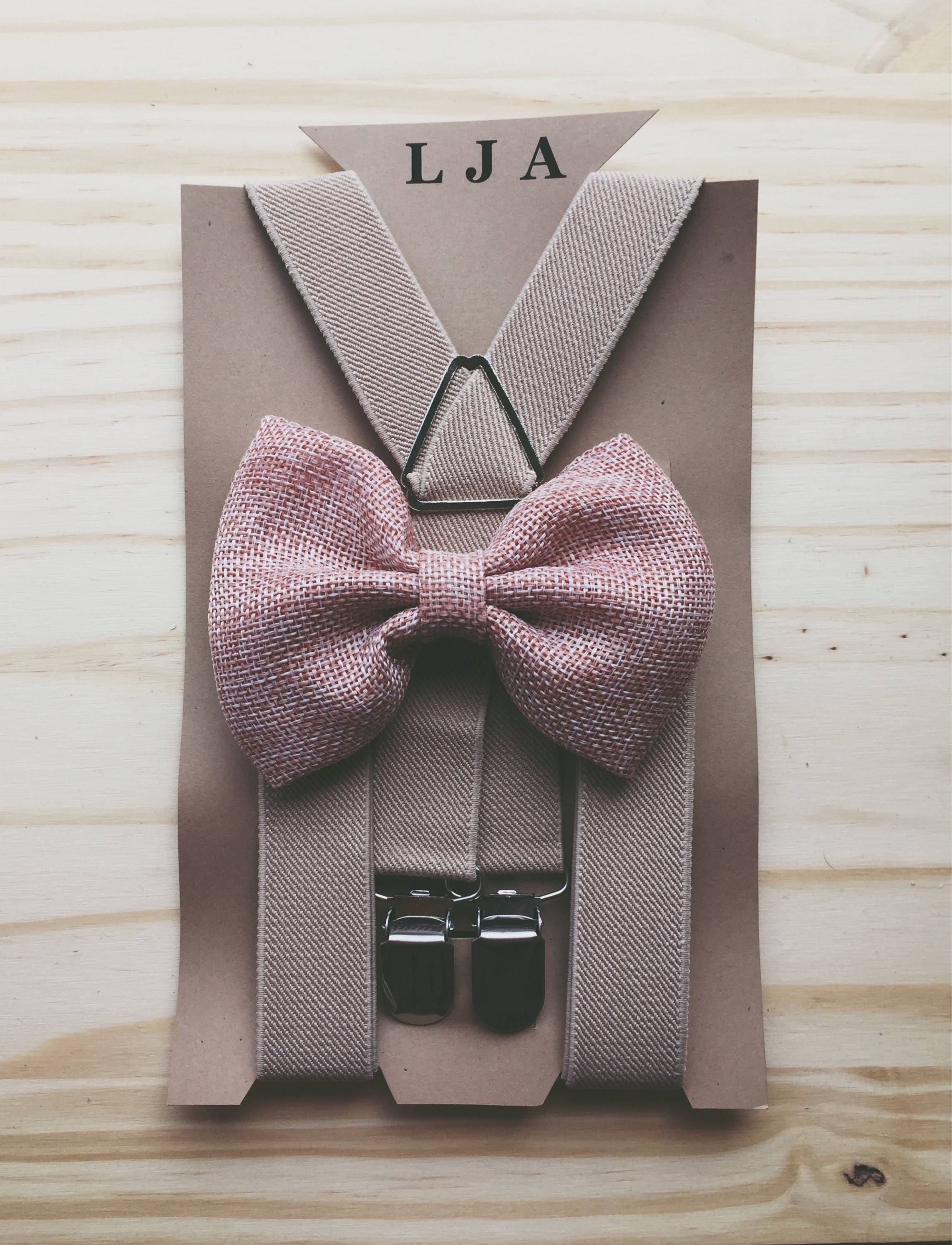 Groomsmen Blush Pink Burlap Bow Tie Suspenders Sand Beige Groomsmen