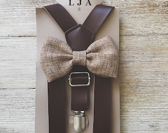 Brown Faux Leather Suspender and Honey Burlap Bow Tie for Groom Groomsmen Ring bearer Outfits Faux leather Suspenders bow tie combination