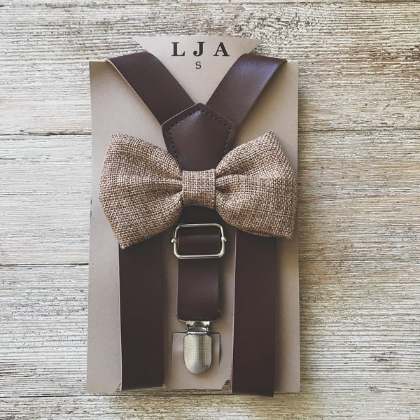 Brown Faux Leather Suspender and Honey Burlap Bow Tie for Groom Groomsmen Ring bearer Outfits Faux leather Suspenders bow tie combination