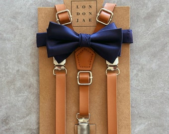 Caramel brown suspenders & Navy Blue Bow Tie for ring bearer wedding outfit Leather like Suspender and Satin Silk Bowtie Set baby braces