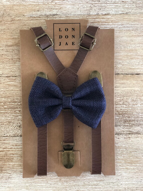 toddler Ring Bearer, Rustic Wedding Groomsmen, beach wedding Baby Braces Marine Blue Bow tieWeathered Coffee Brown Suspender set