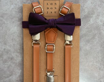 Caramel brown suspender & Plum Purple Bow Tie for ring bearer wedding outfit Leather like Suspender and Satin Silk Bowtie Set